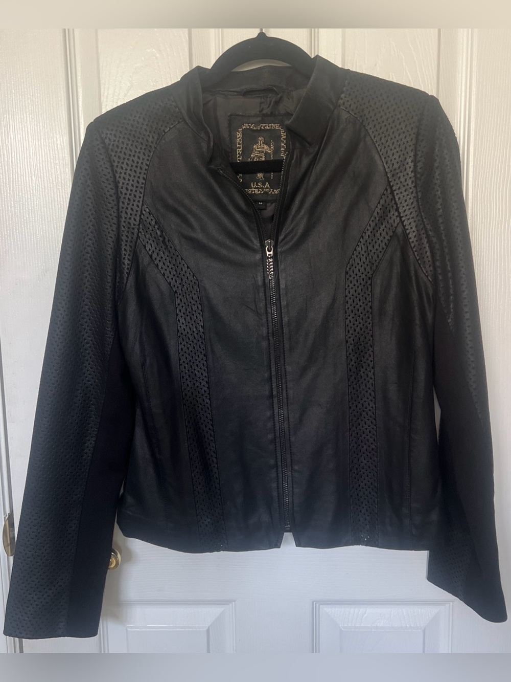 My Tribe USA Womens Genuine Leather Perforated Jacket BLACK Full Zip Sz M